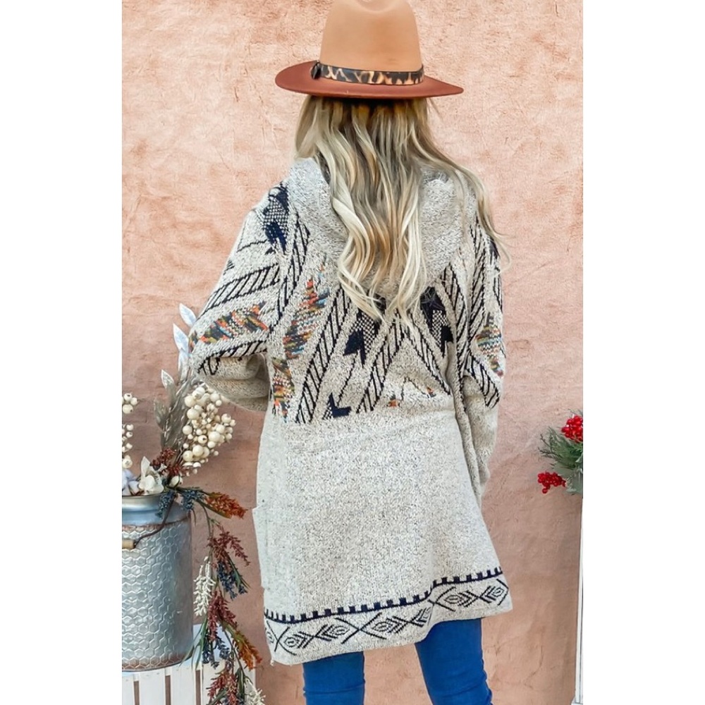 Aztec print hoodie cardigan sweater with waist drawstring. - Picture 6 of 7